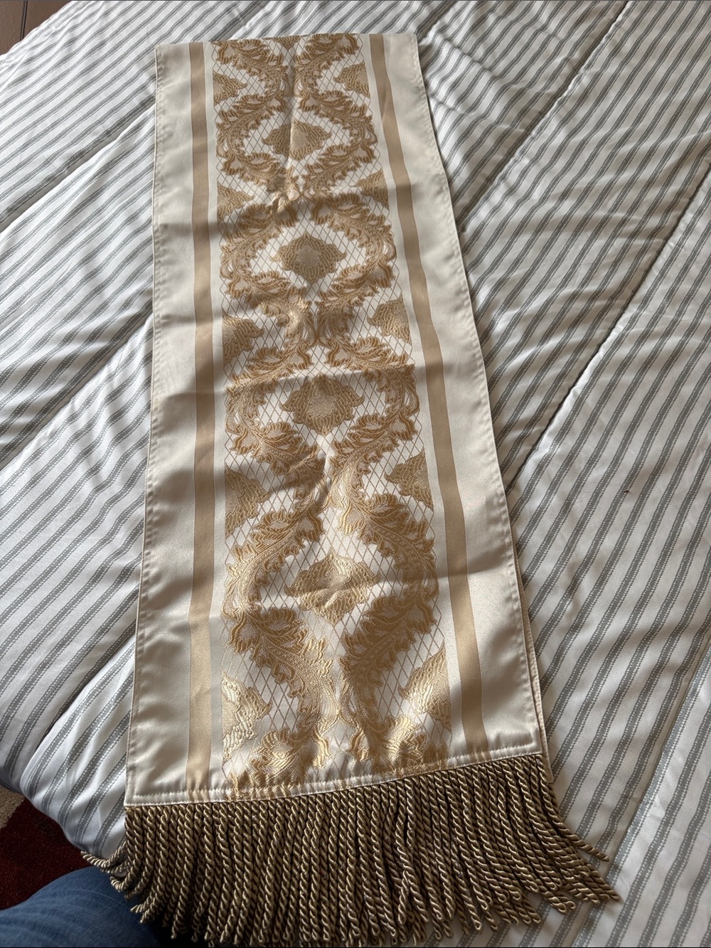 Silk-Look Gold and Cream Decorative Table Runner with Fringe